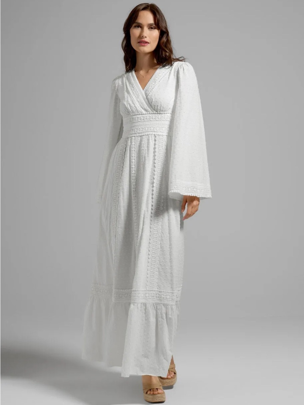 Gunne Sax for ModCloth White Maxi with Bell Sleeves and Crochet Trim - sz 8